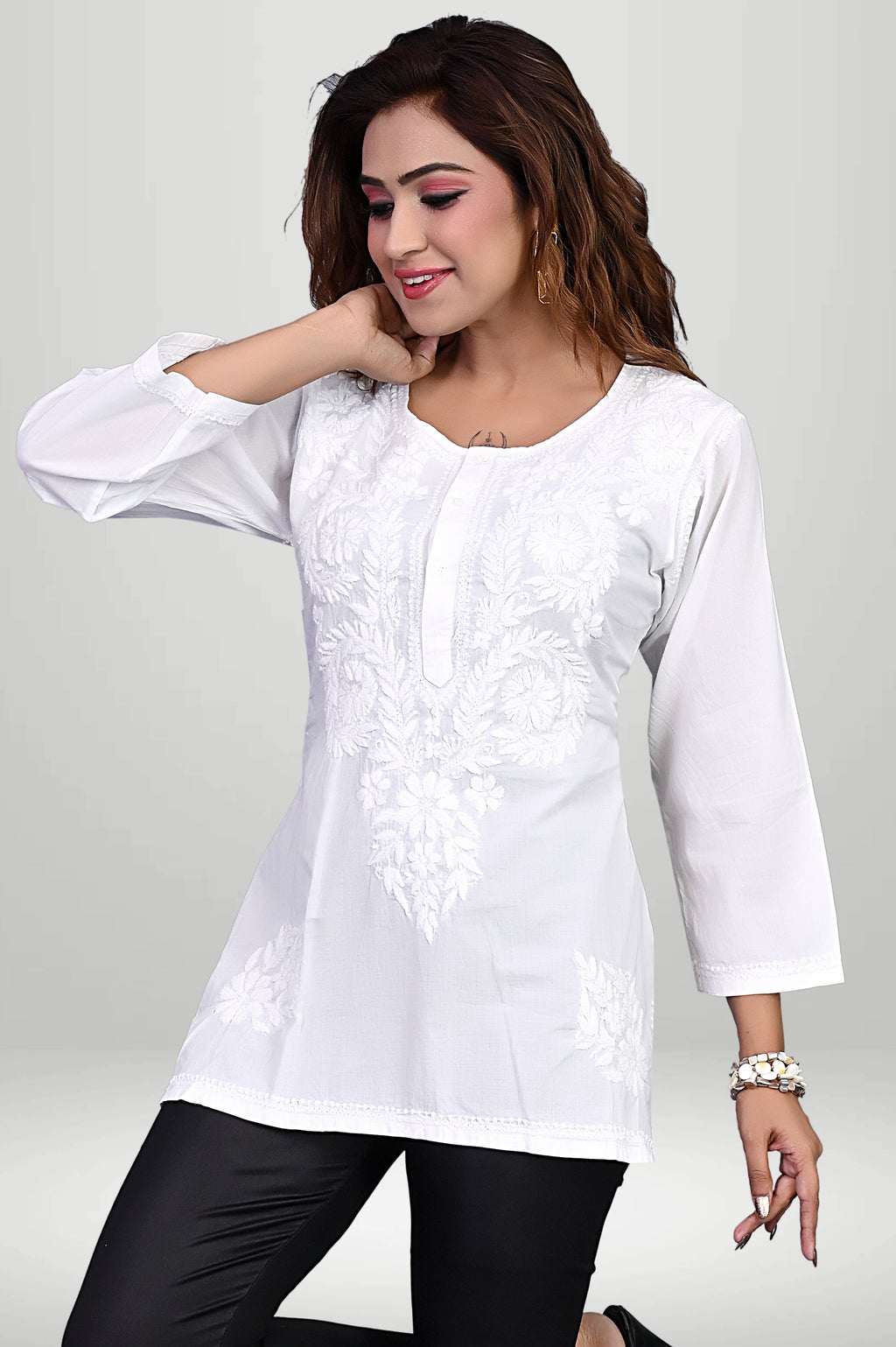 White Floral Chikankari Short Kurti with Side Slits |virtuore