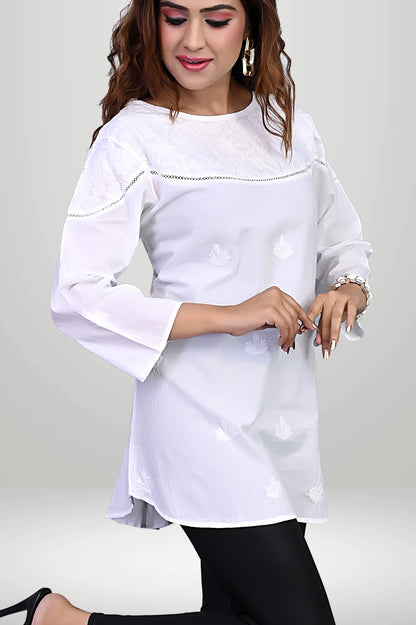 White Cotton Kurti with chikankari yoke Embroidery| virtuore