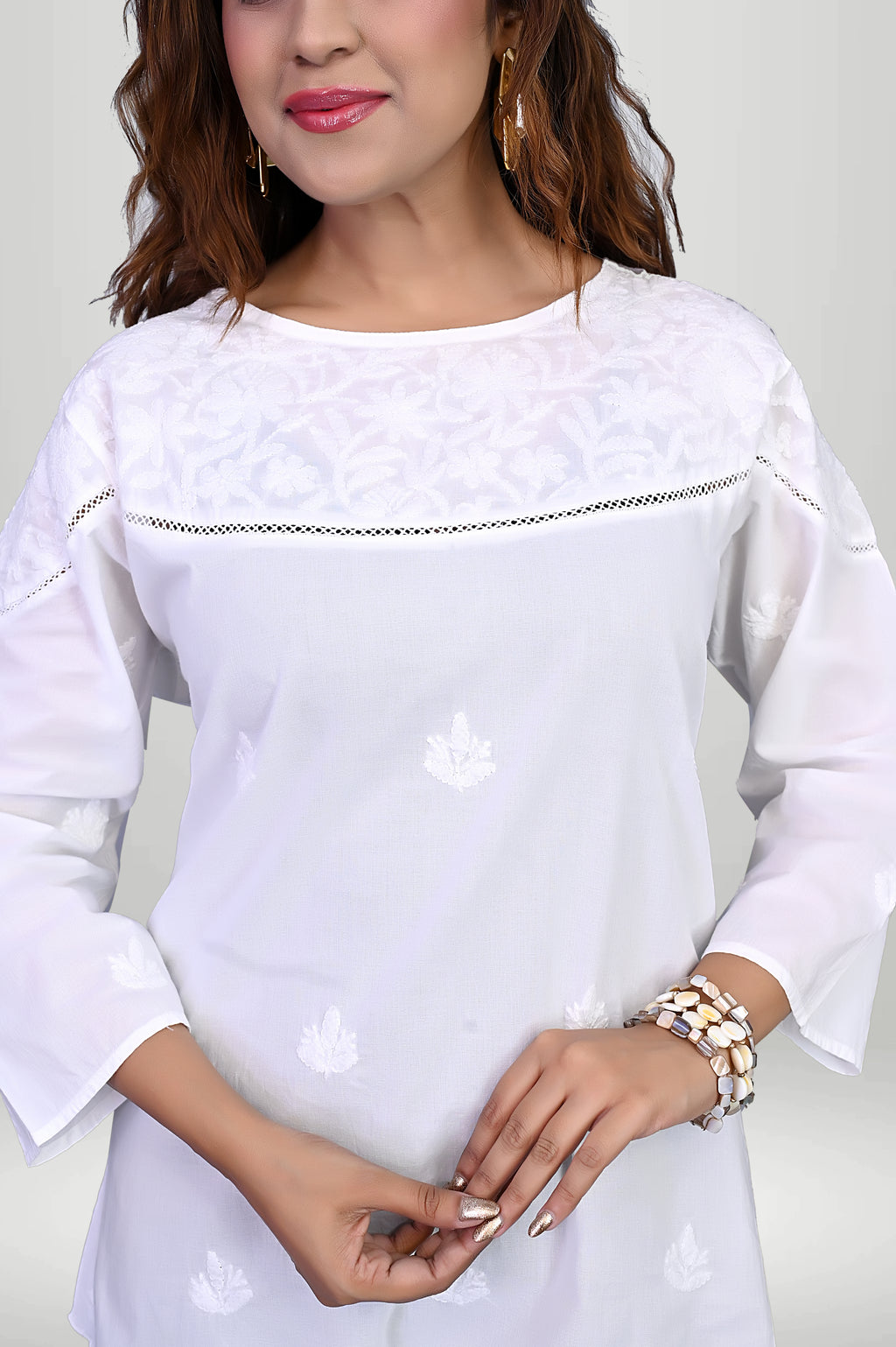 White Cotton Kurti with chikankari yoke Embroidery| virtuore