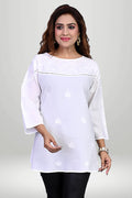 White Cotton Kurti with chikankari yoke Embroidery| virtuore
