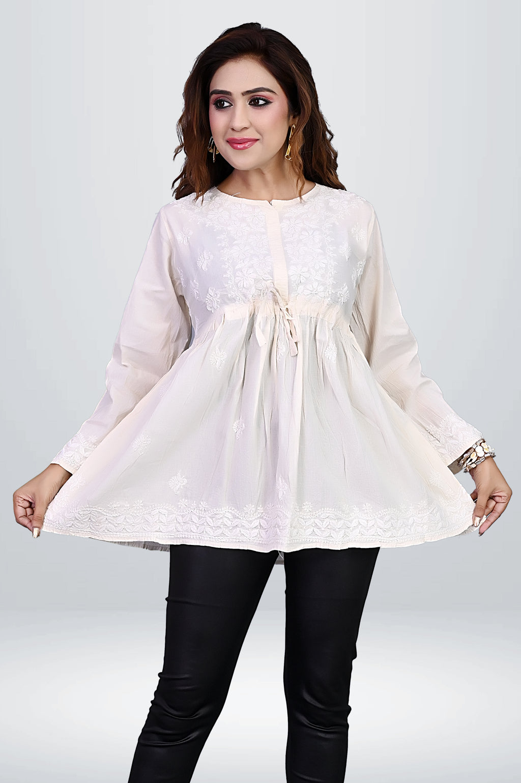 Pastel White Cotton Kurti & Floral Chikankari |virtuore