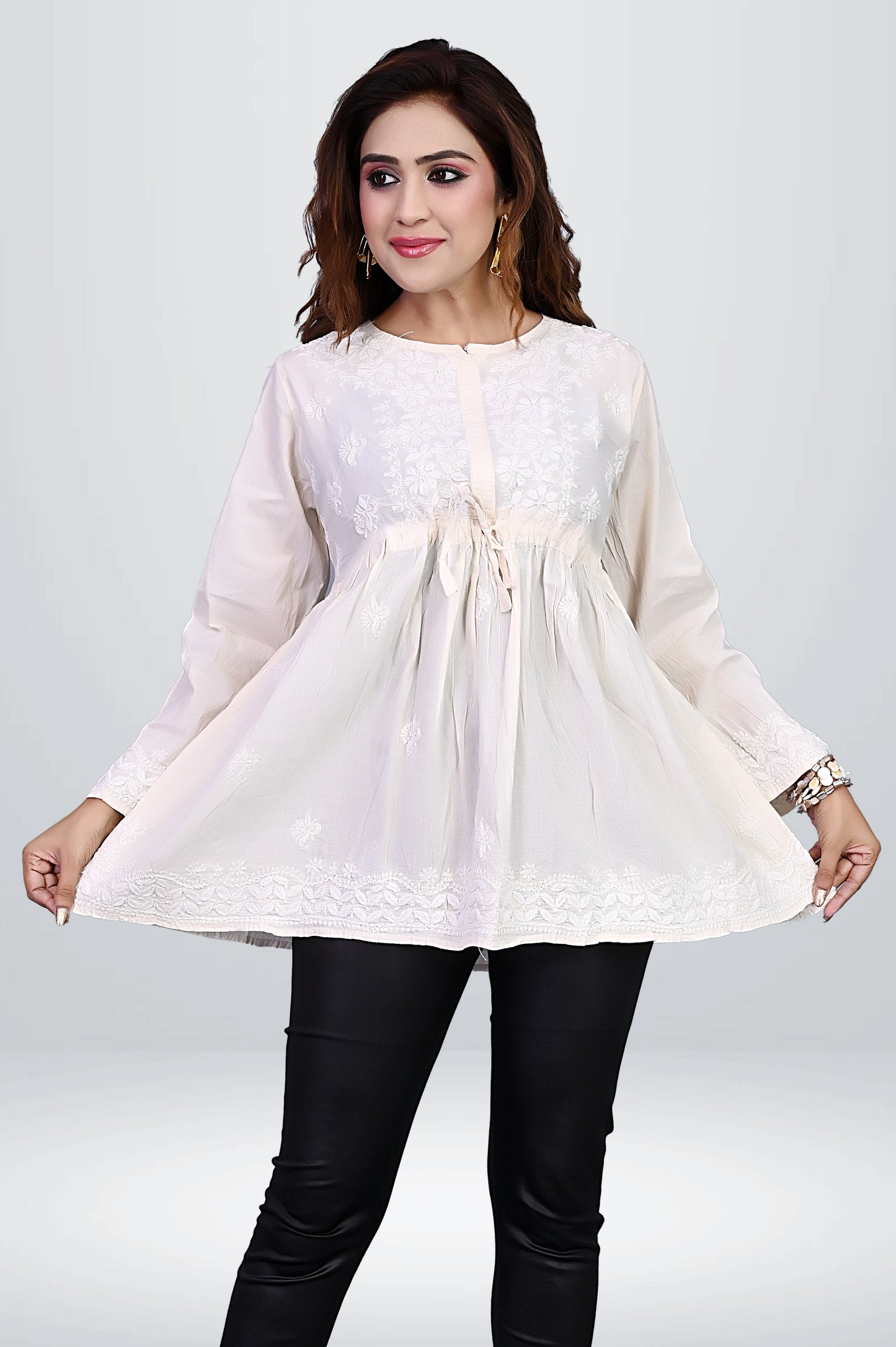 Pastel White Cotton Kurti & Floral Chikankari |virtuore