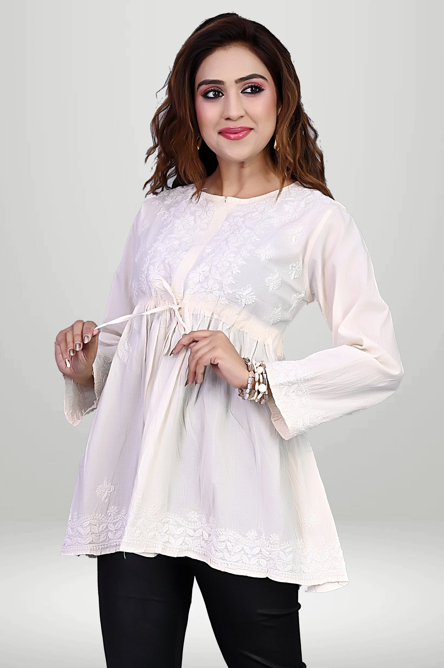 Pastel White Cotton Kurti & Floral Chikankari |virtuore