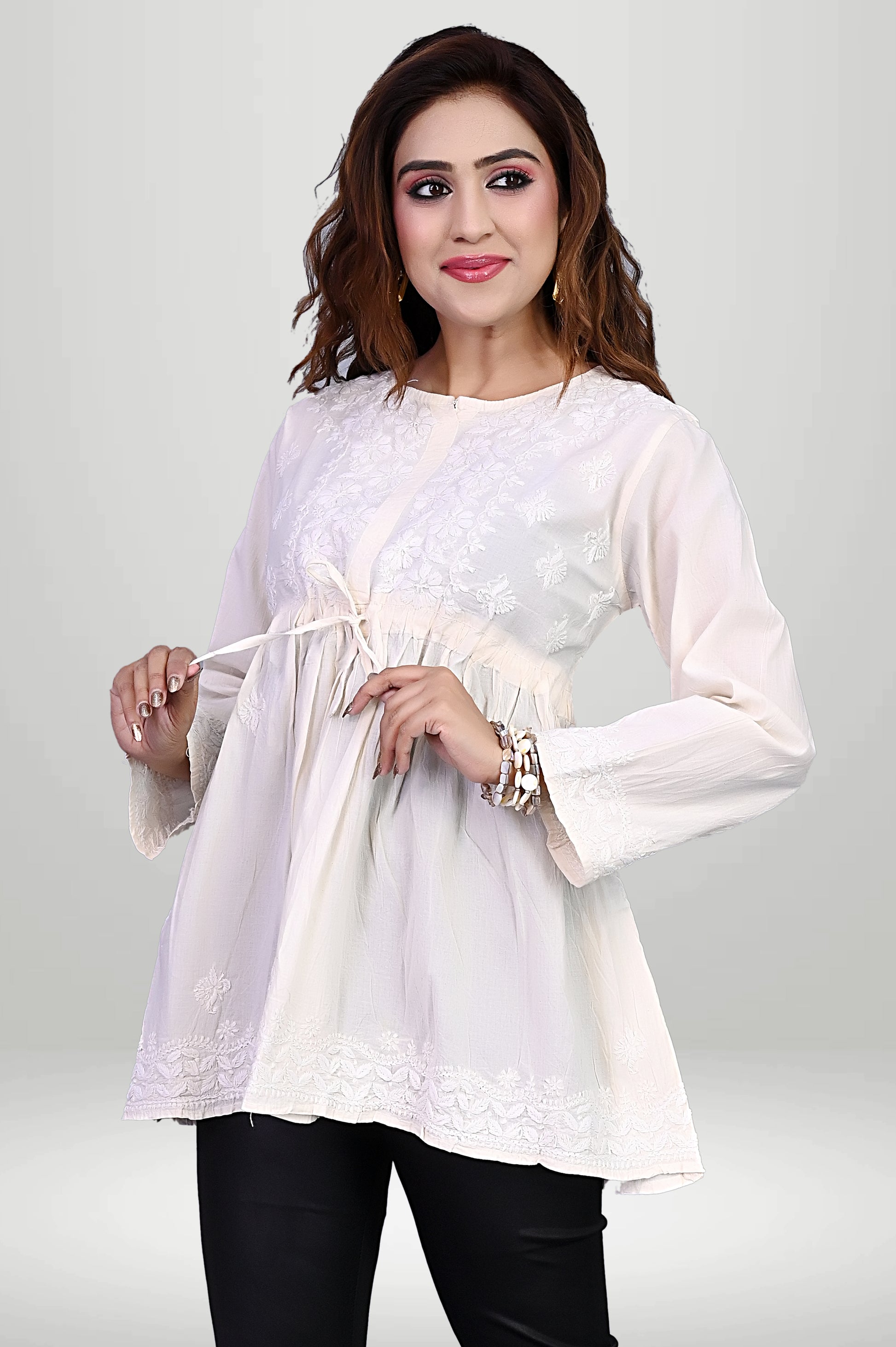 Pastel White Cotton Kurti & Floral Chikankari |virtuore