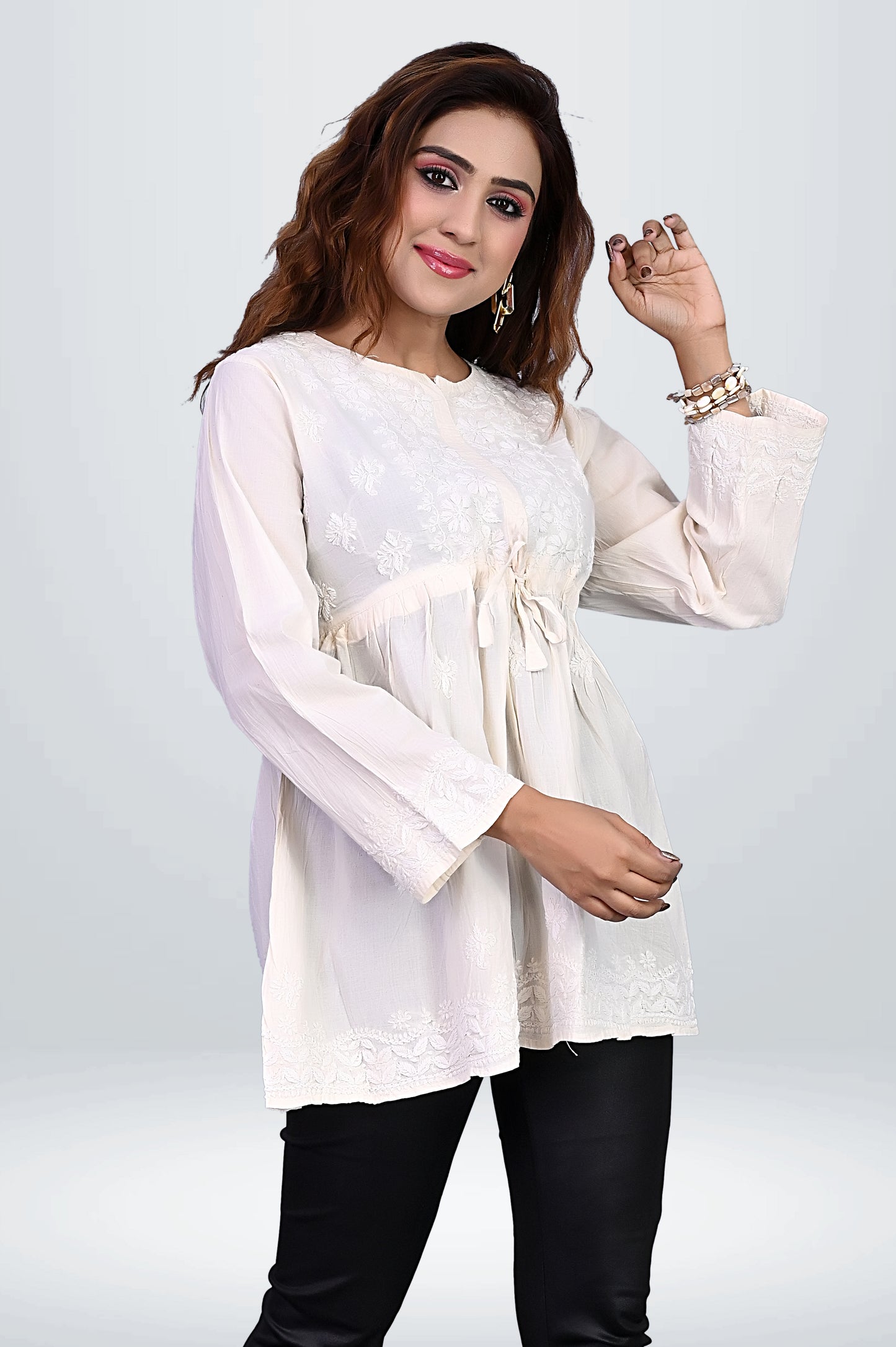 Pastel White Cotton Kurti & Floral Chikankari |virtuore