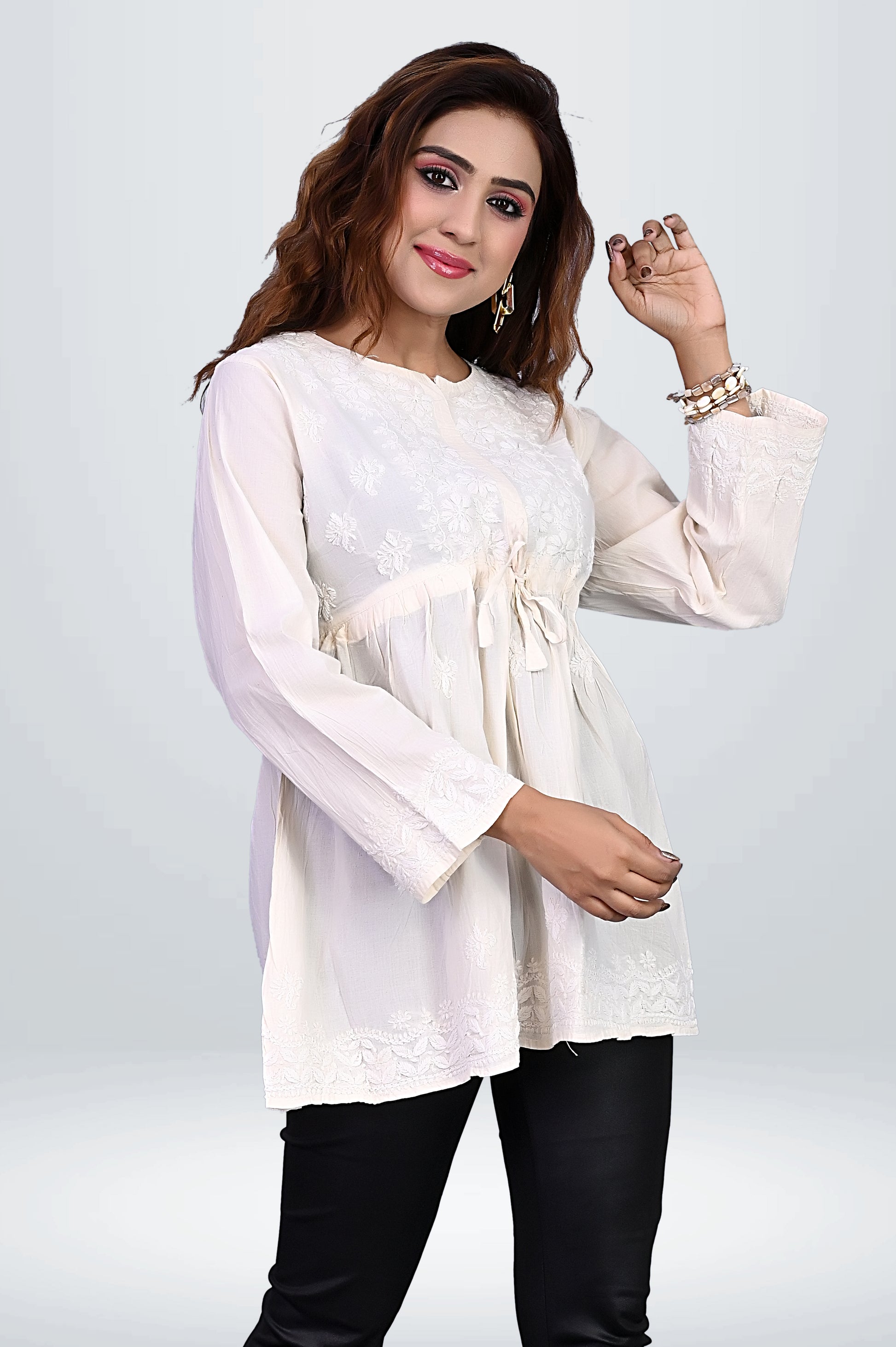 Pastel White Cotton Kurti & Floral Chikankari |virtuore