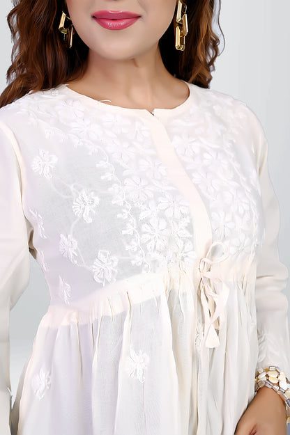 Pastel White Cotton Kurti & Floral Chikankari |virtuore