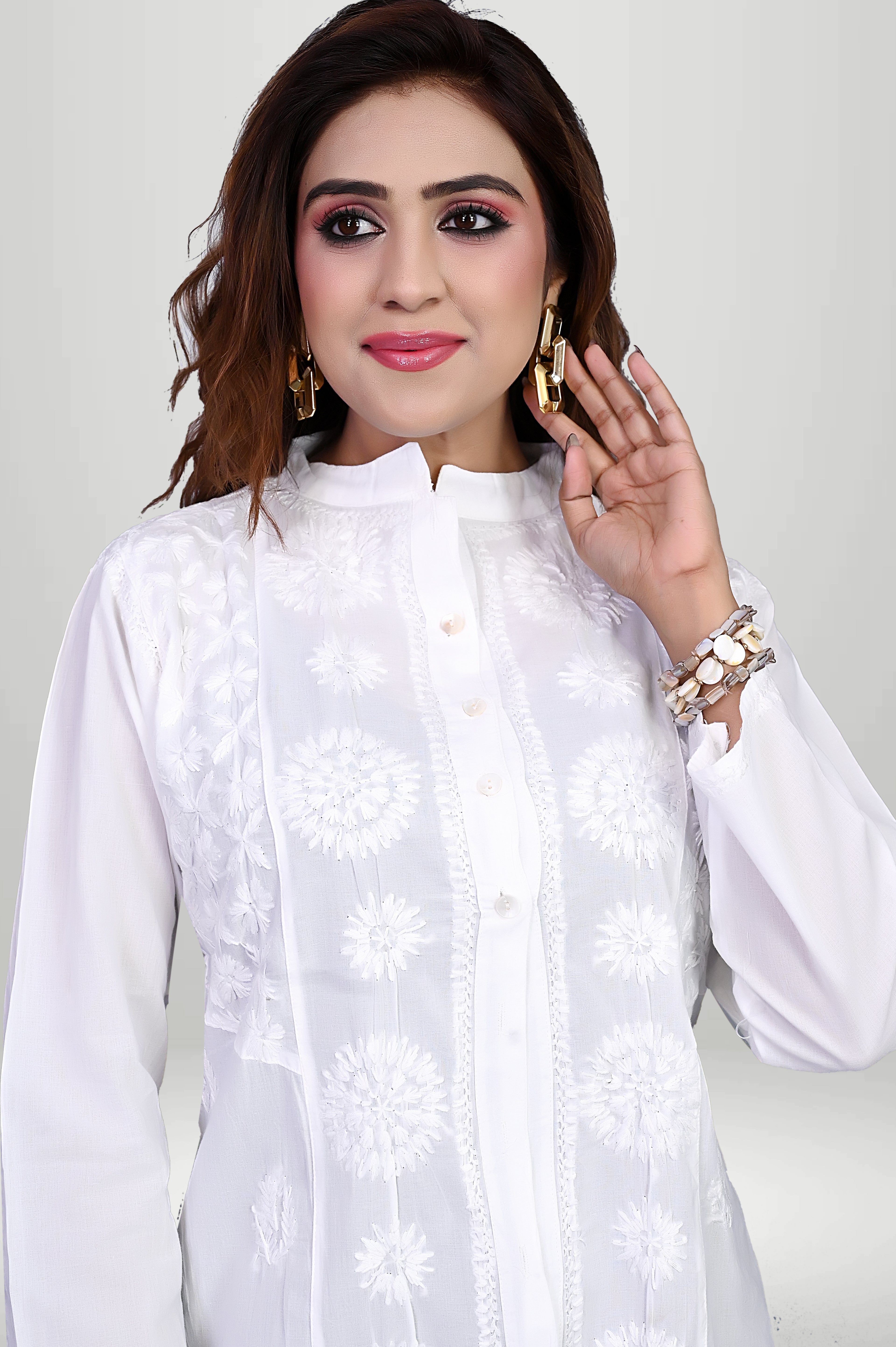 White Chikankari Cotton Button-Down Kurti | virtuore