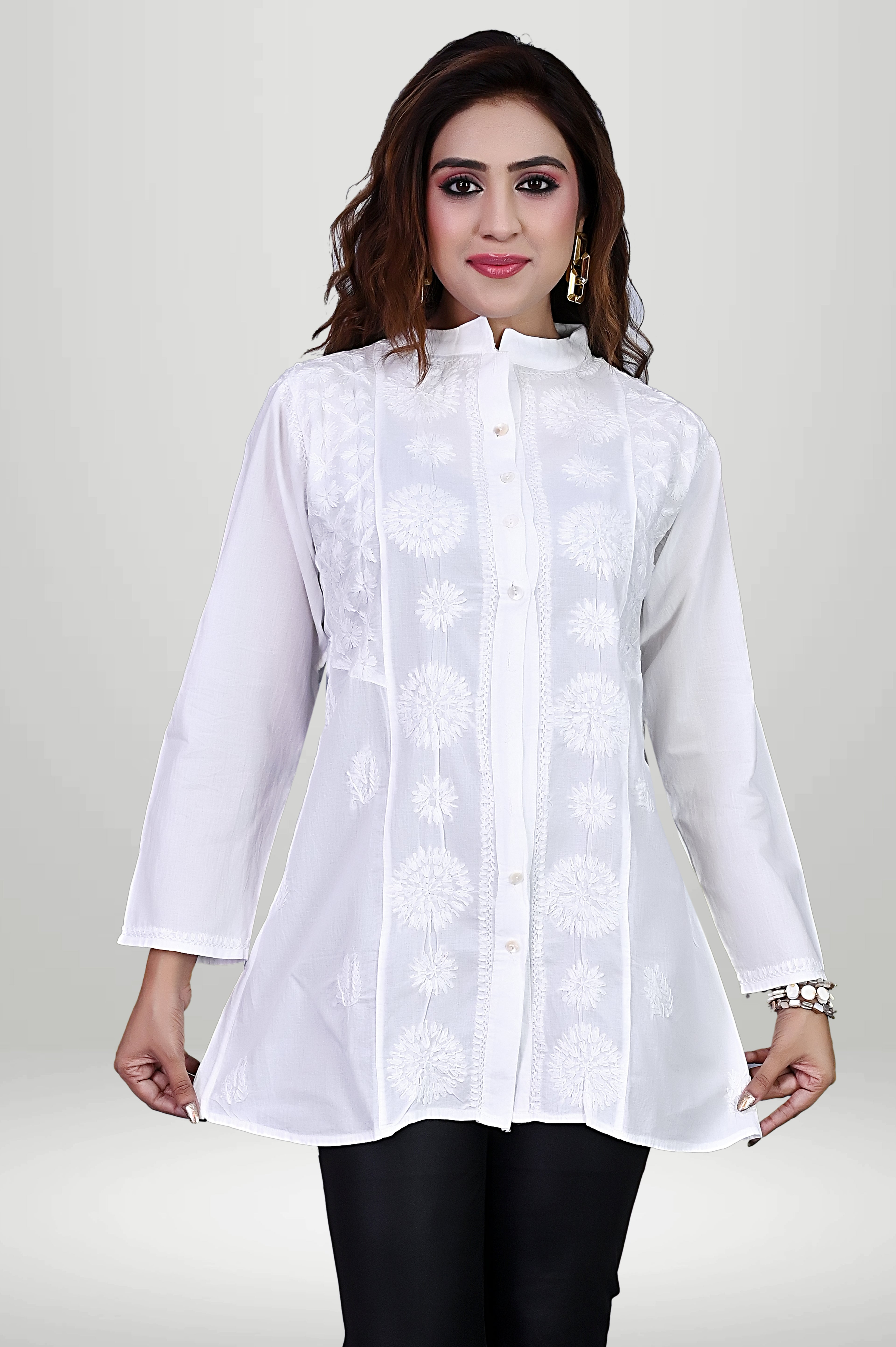 White Chikankari Cotton Button-Down Kurti | virtuore