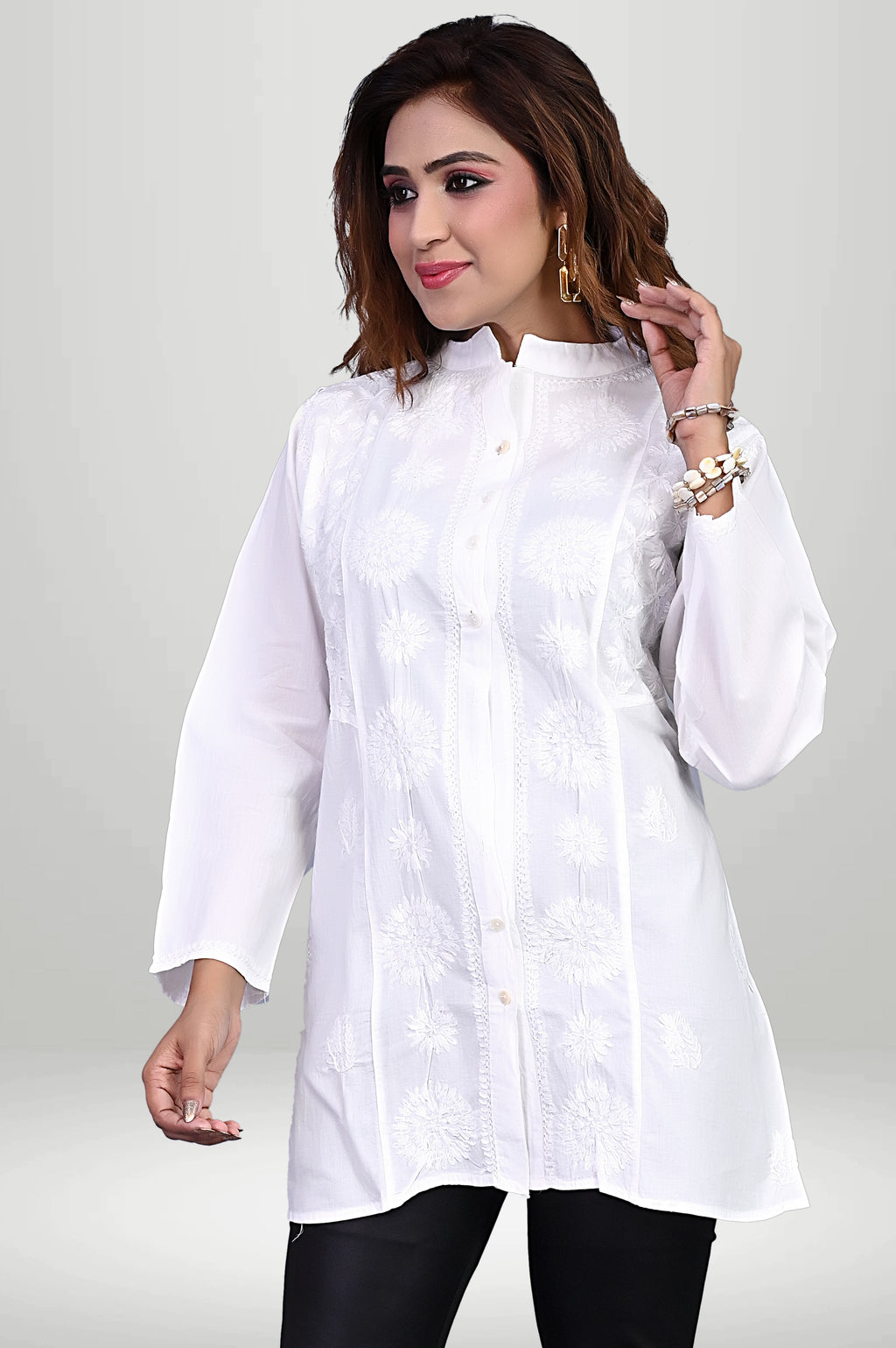White Chikankari Cotton Button-Down Kurti | virtuore