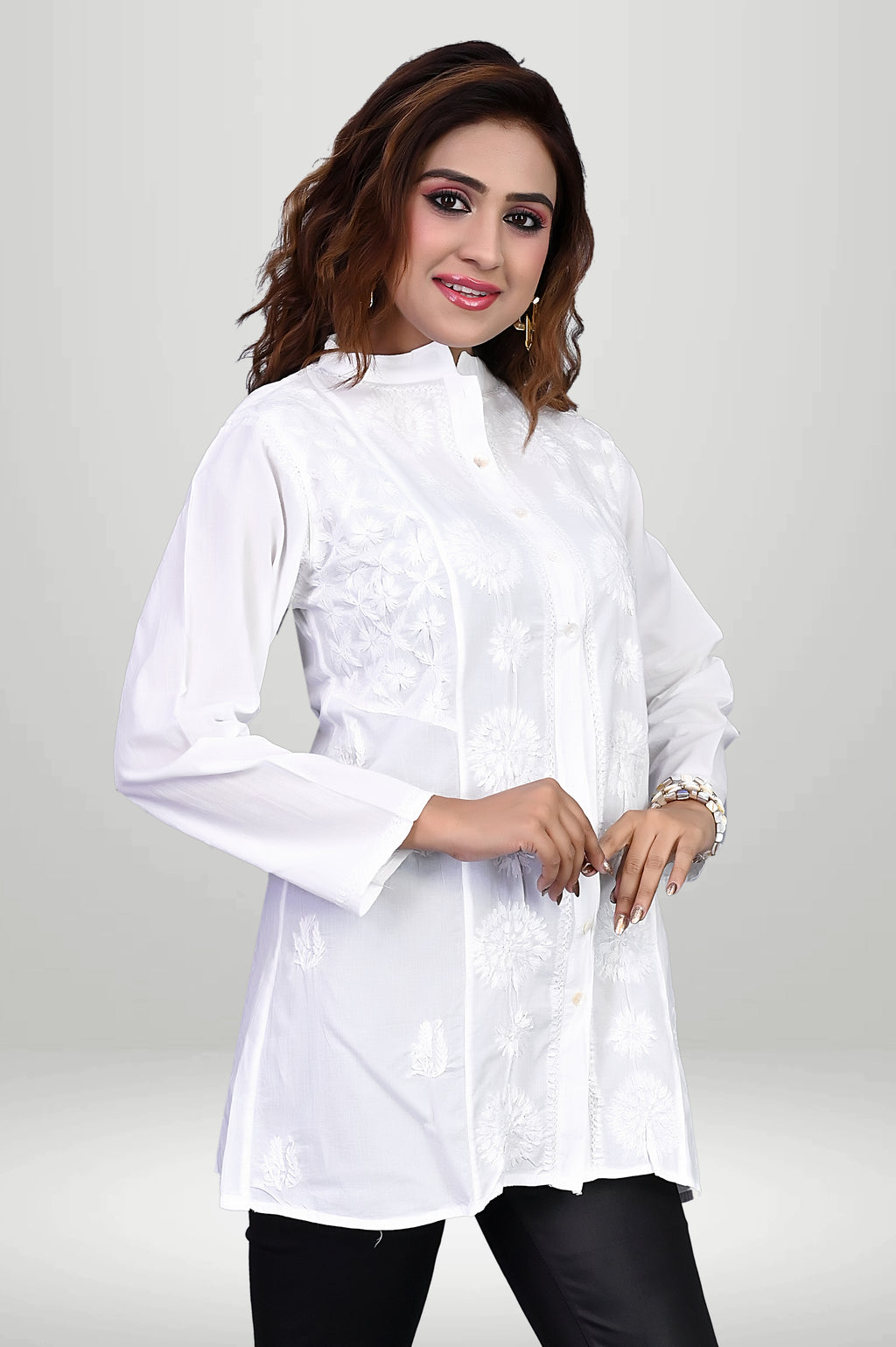 White Chikankari Cotton Button-Down Kurti | virtuore