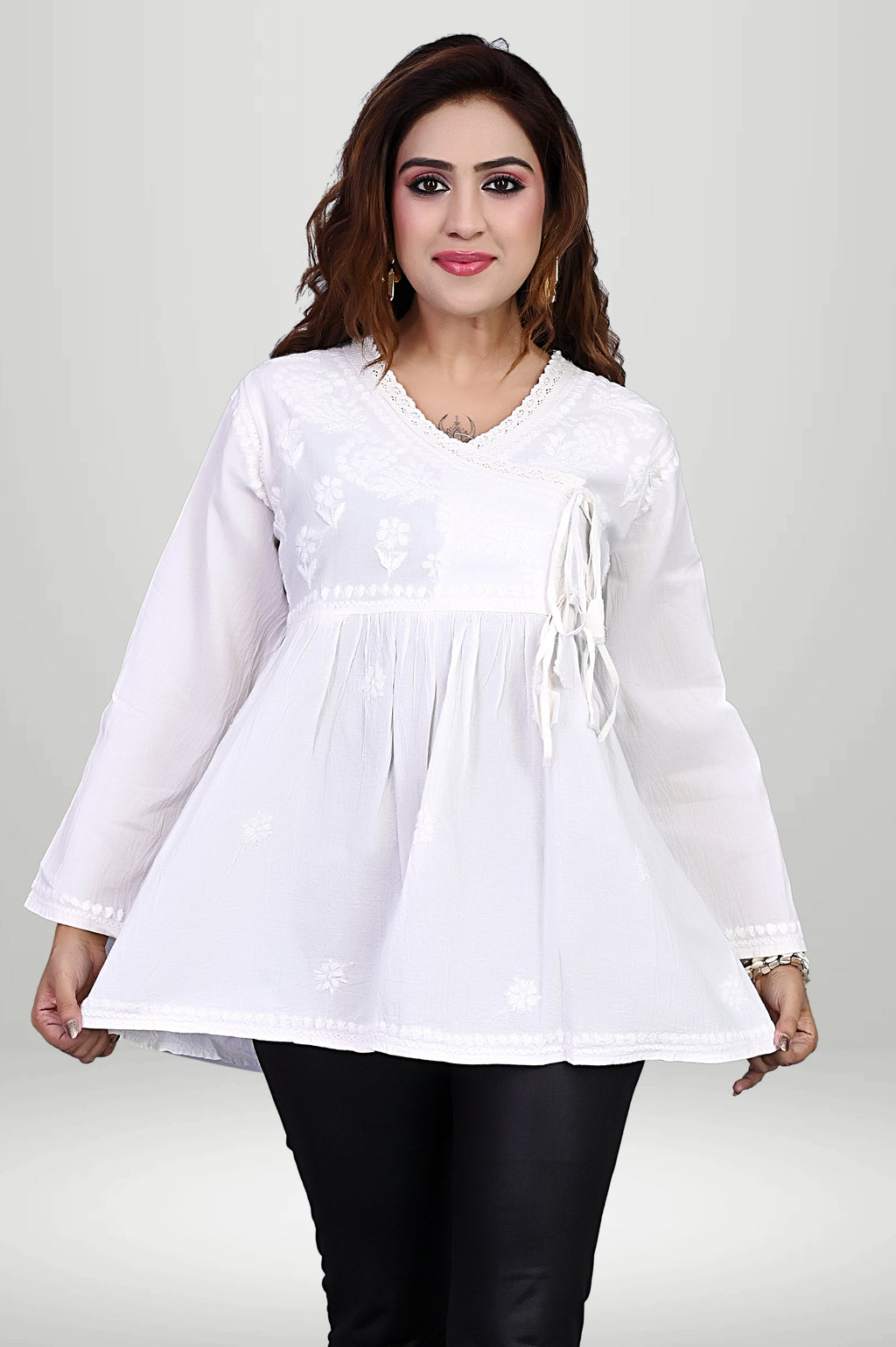 White Wrap-Style Chikankari Kurti cottan | virtuore