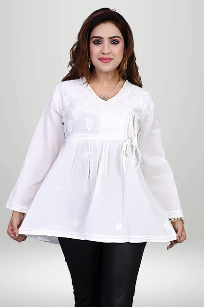 White Wrap-Style Chikankari Kurti cottan | virtuore