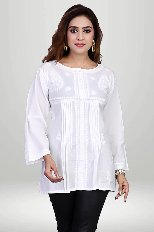 White Handcrafted Pintuck Chikankari Cotton Kurti |virtuore