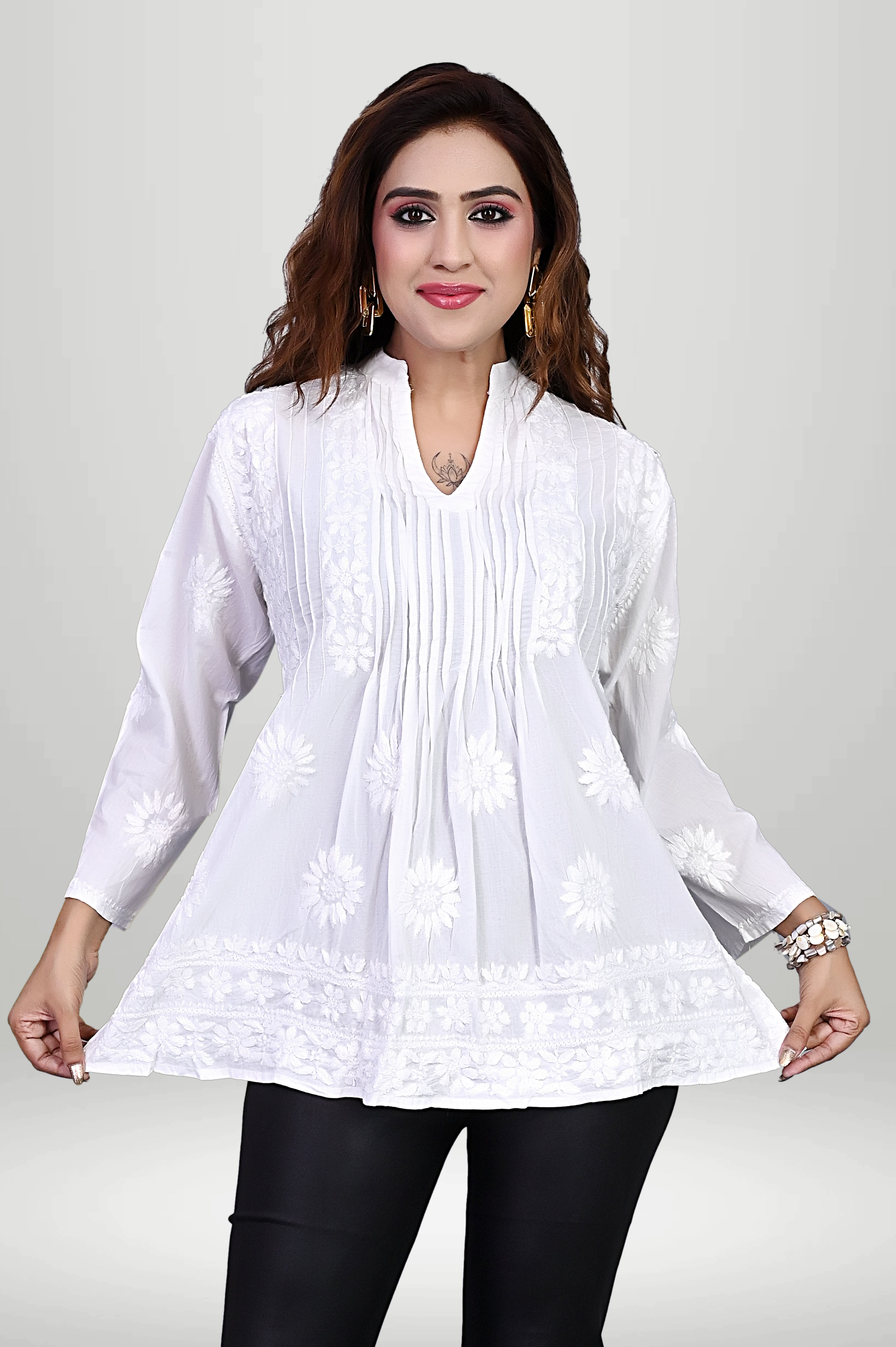 A-Line Pleated Chikankari Kurti – Floral Hand Embroidery | virtuore