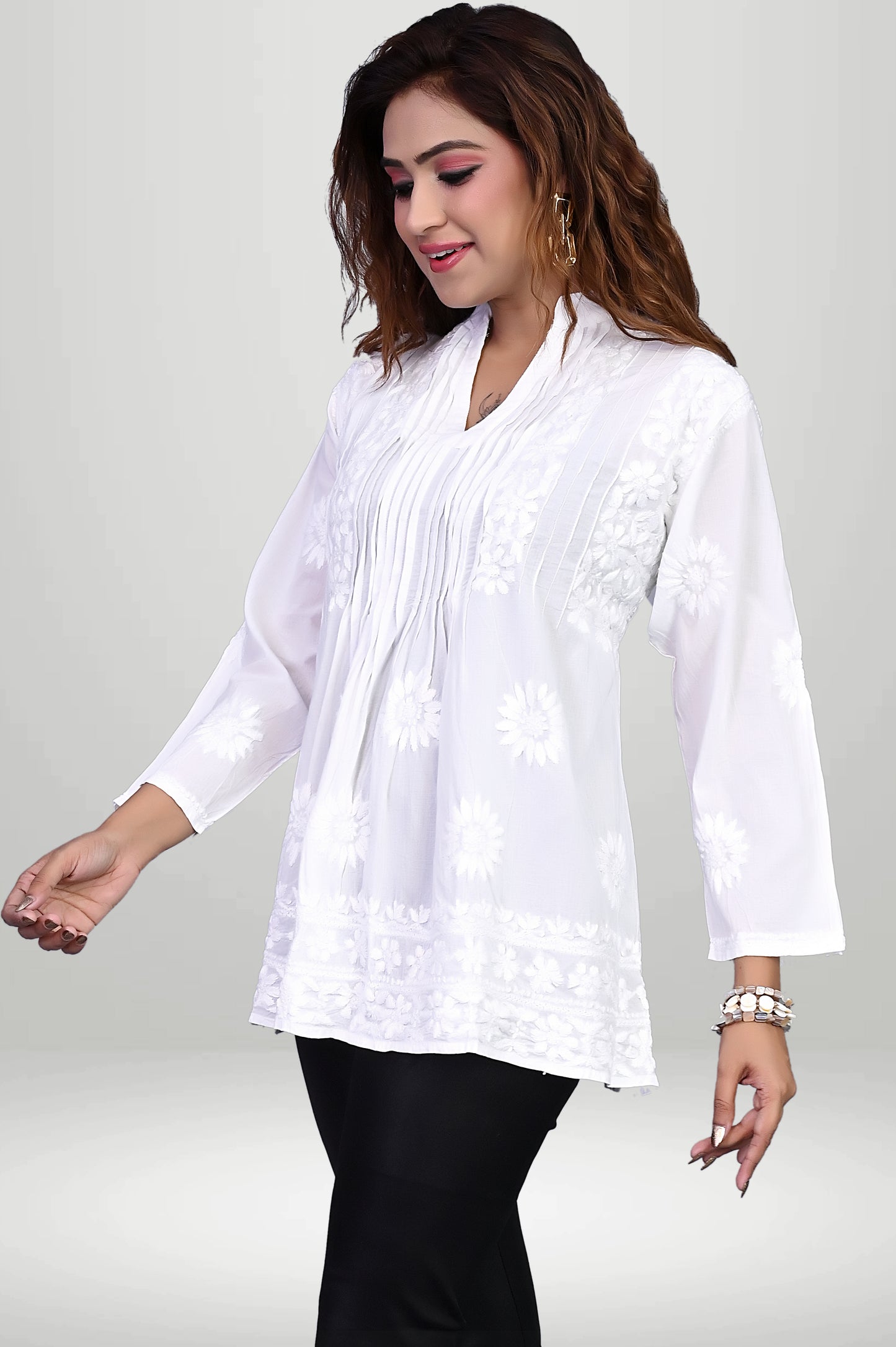 A-Line Pleated Chikankari Kurti – Floral Hand Embroidery | virtuore