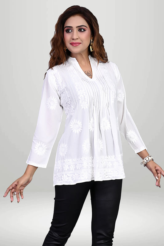 A-Line Pleated Chikankari Kurti – Floral Hand Embroidery | virtuore