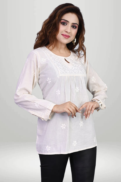 Floral Chikankari Short Kurti- Breathable cottan| virtuore