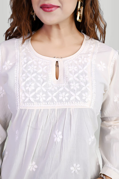 Floral Chikankari Short Kurti- Breathable cottan| virtuore