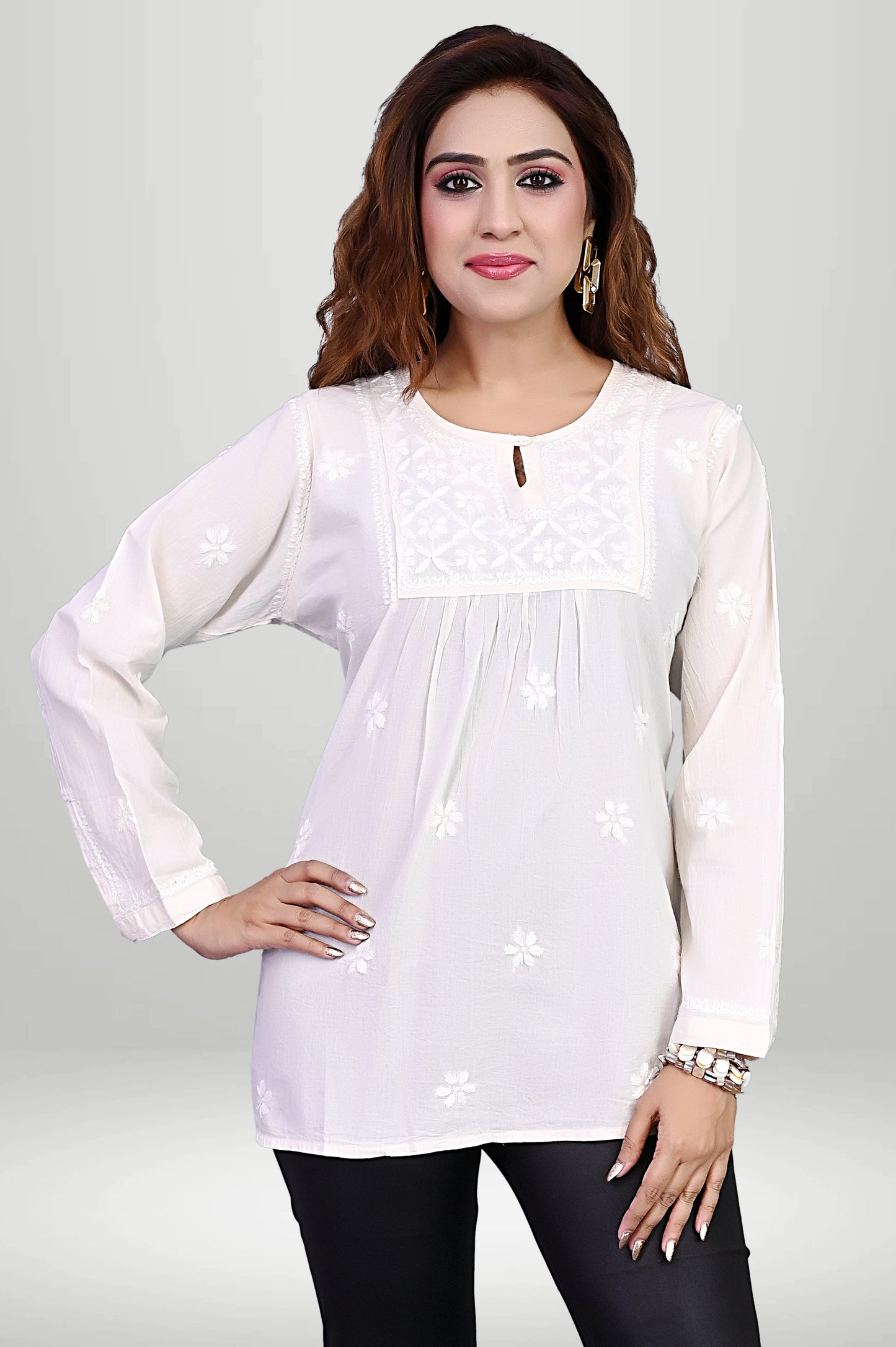 Floral Chikankari Short Kurti- Breathable cottan| virtuore