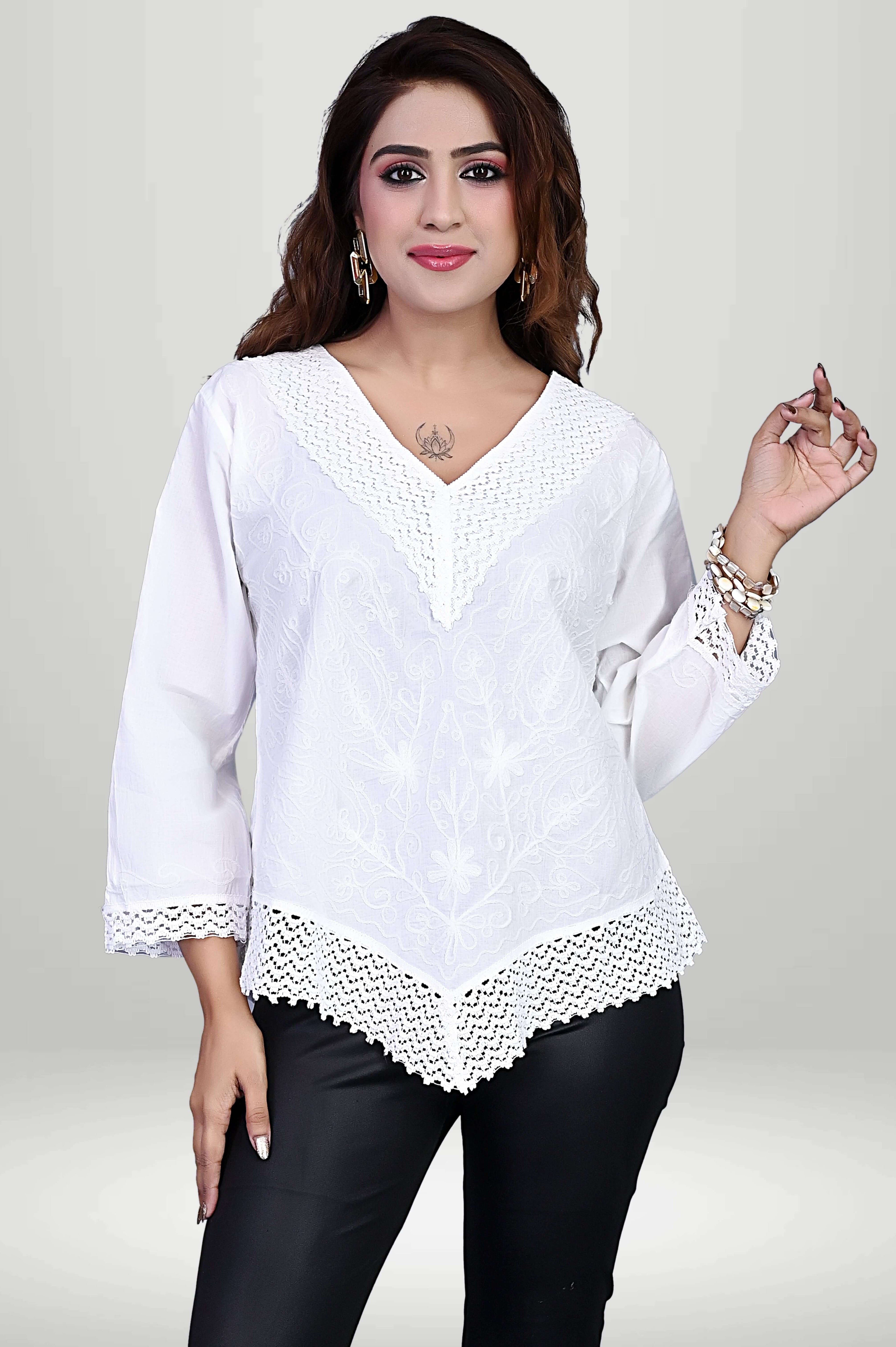 Short White Chikankari Cotton Top | virtuore