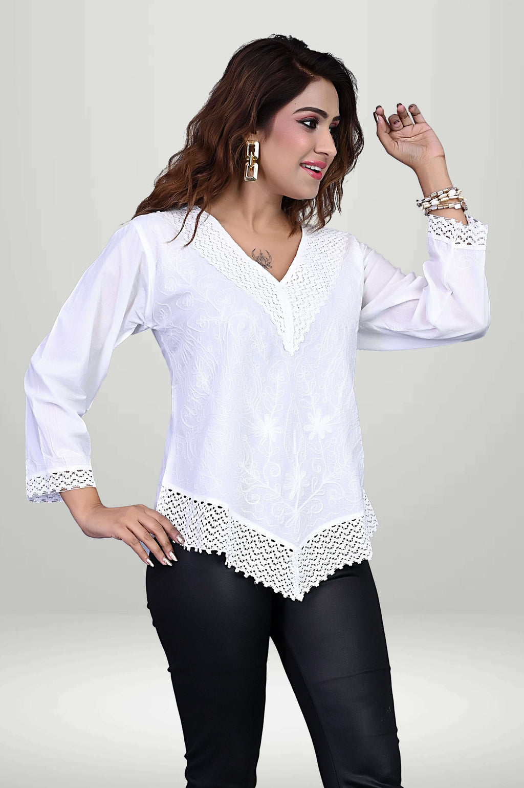 Short White Chikankari Cotton Top | virtuore