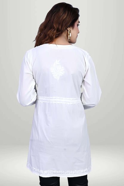 Elegant White Angrakha-Style Chikankari Kurti | virtuore