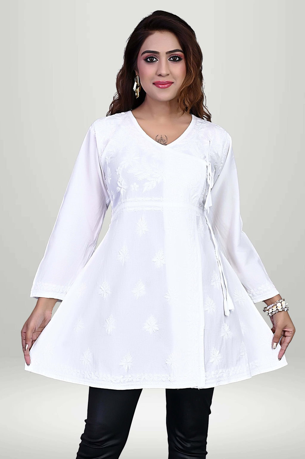 Elegant White Angrakha-Style Chikankari Kurti | virtuore