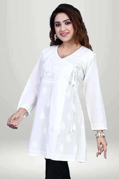 Elegant White Angrakha-Style Chikankari Kurti | virtuore