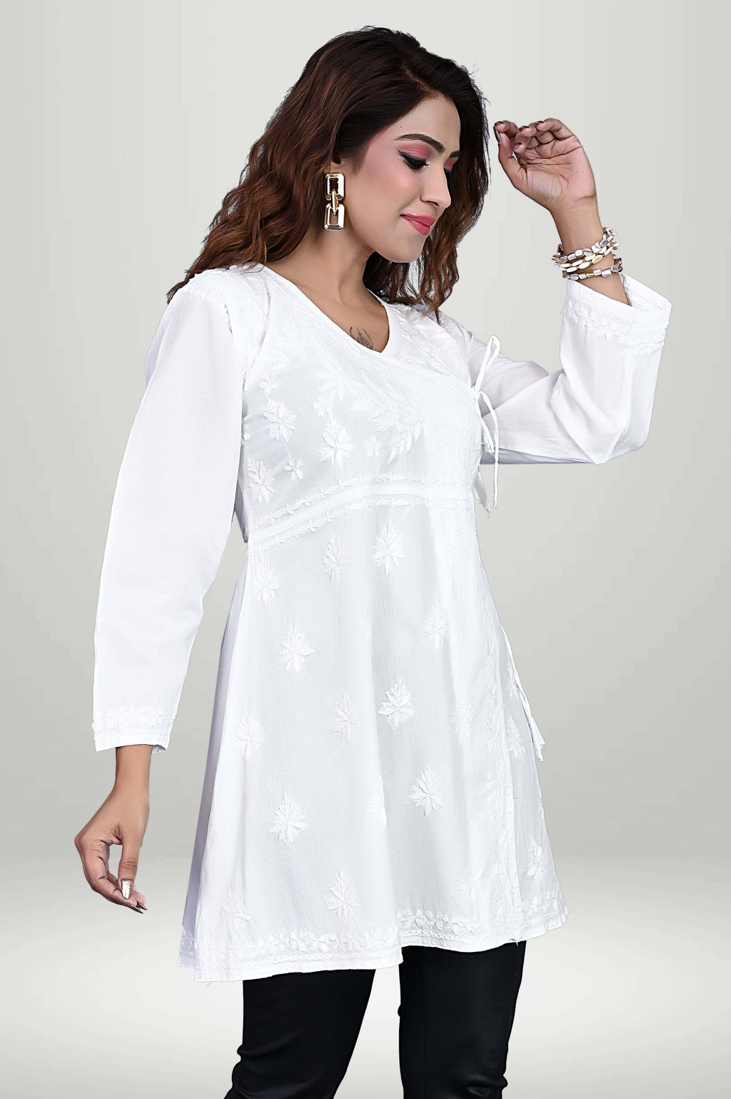 Elegant White Angrakha-Style Chikankari Kurti | virtuore