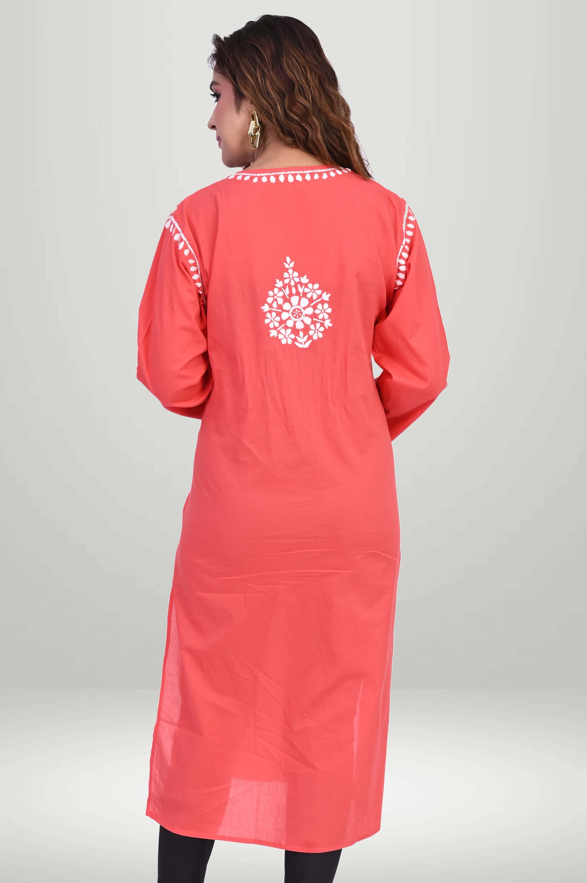 Coral Red Chikankari Kurti – Lucknowi Floral | VIRTUORE