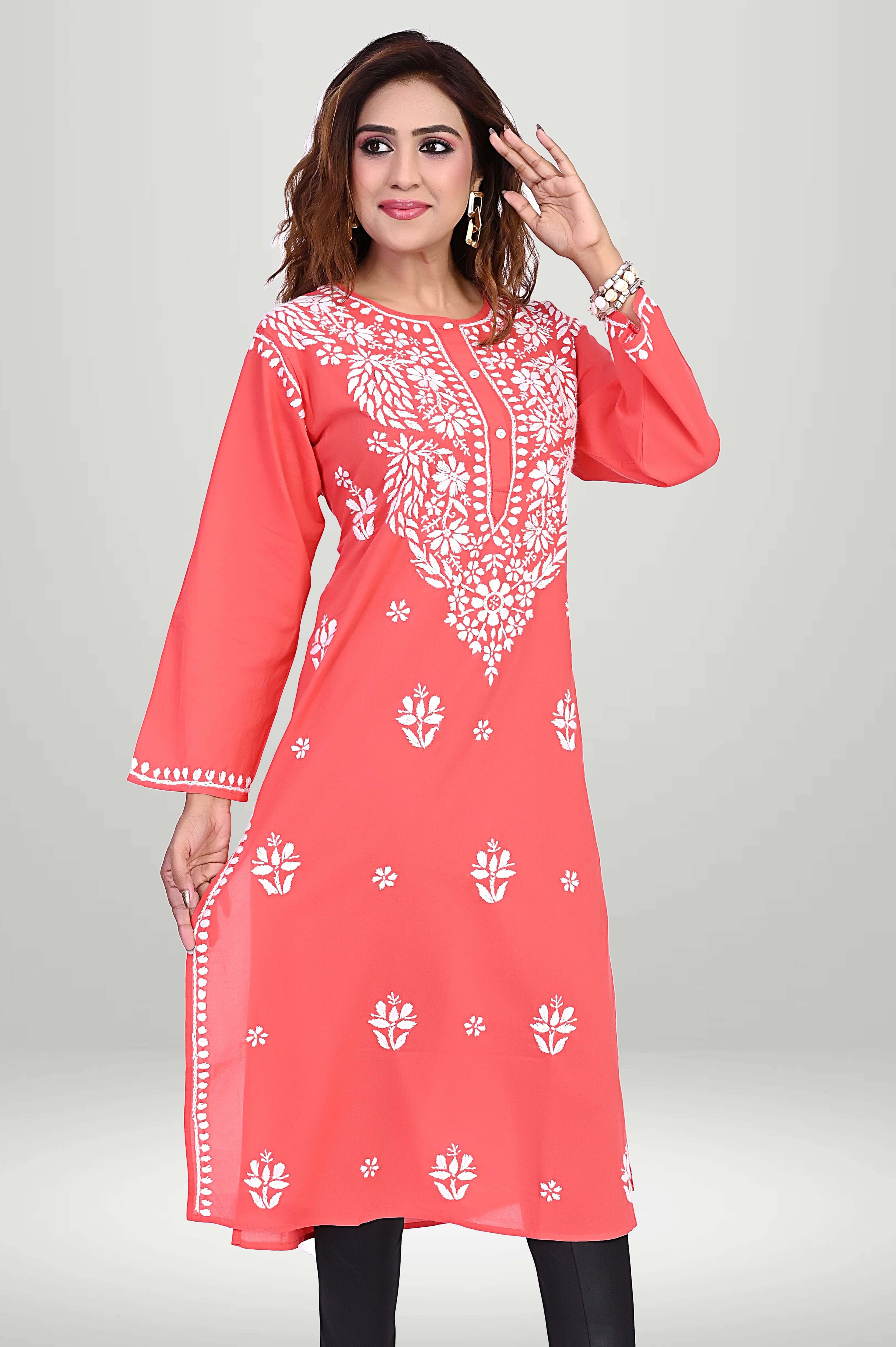 Coral Red Chikankari Kurti – Lucknowi Floral | VIRTUORE