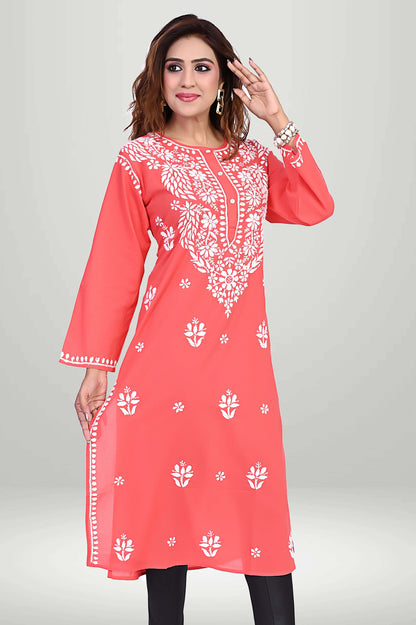 Coral Red Chikankari Kurti – Lucknowi Floral | VIRTUORE