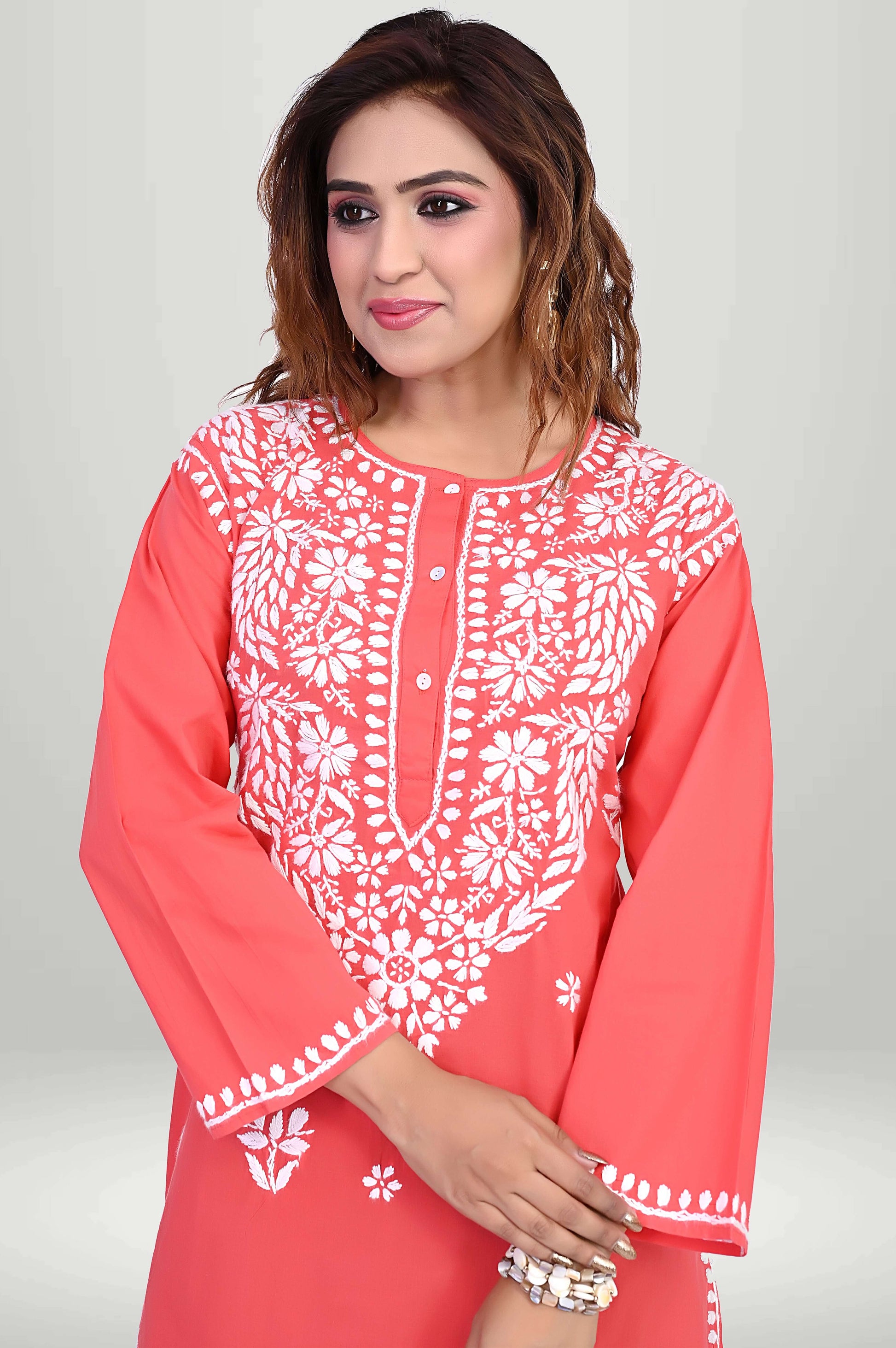 Coral Red Chikankari Kurti – Lucknowi Floral | VIRTUORE
