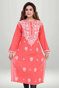 Coral Red Chikankari Kurti – Lucknowi Floral | VIRTUORE