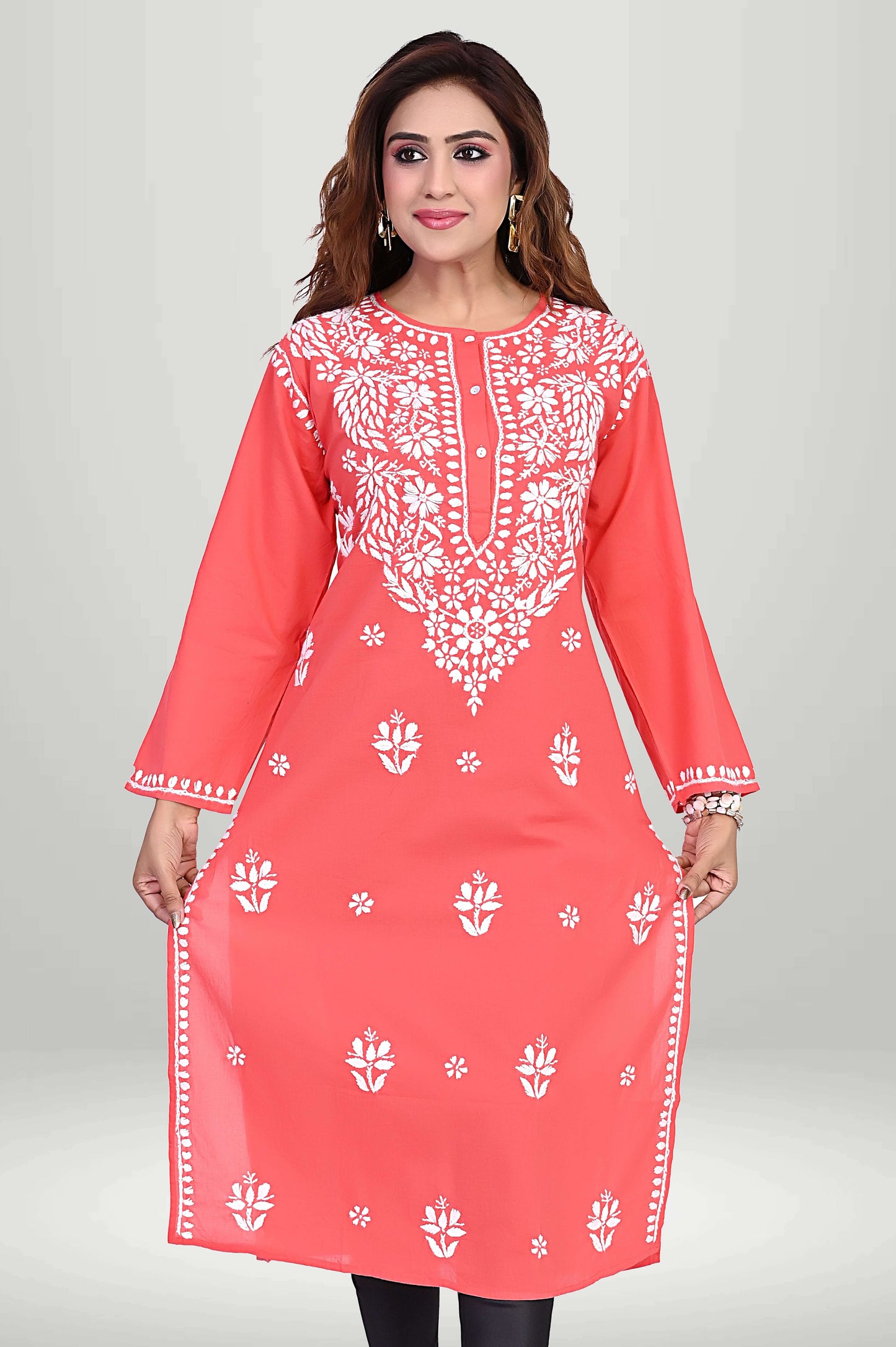 Coral Red Chikankari Kurti – Lucknowi Floral | VIRTUORE