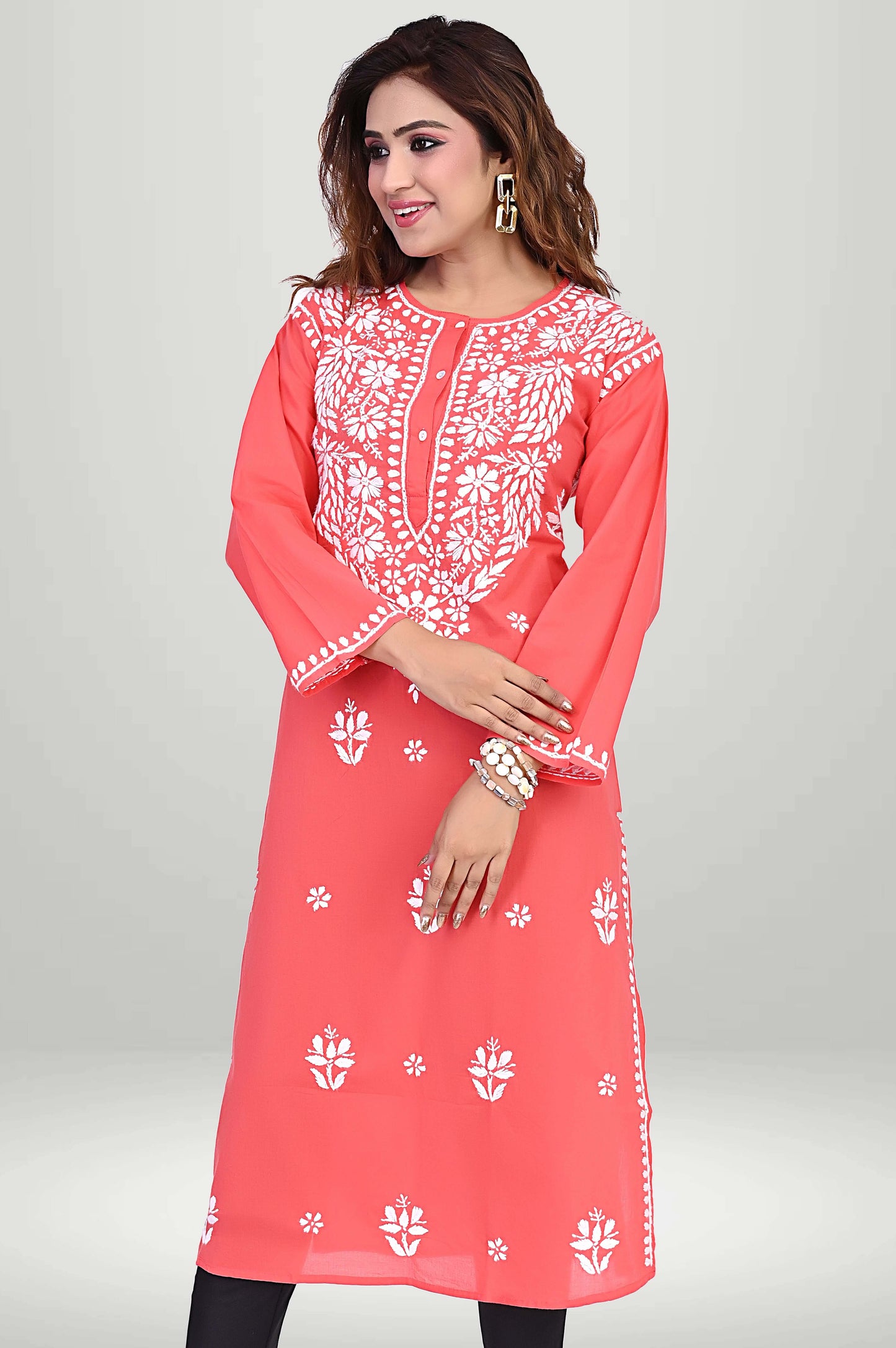 Coral Red Chikankari Kurti – Lucknowi Floral | VIRTUORE