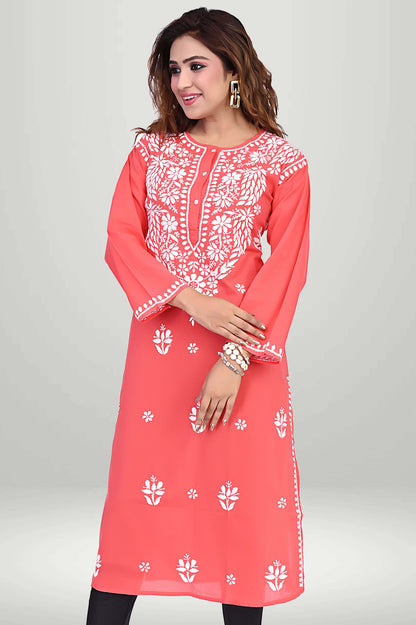 Coral Red Chikankari Kurti – Lucknowi Floral | VIRTUORE