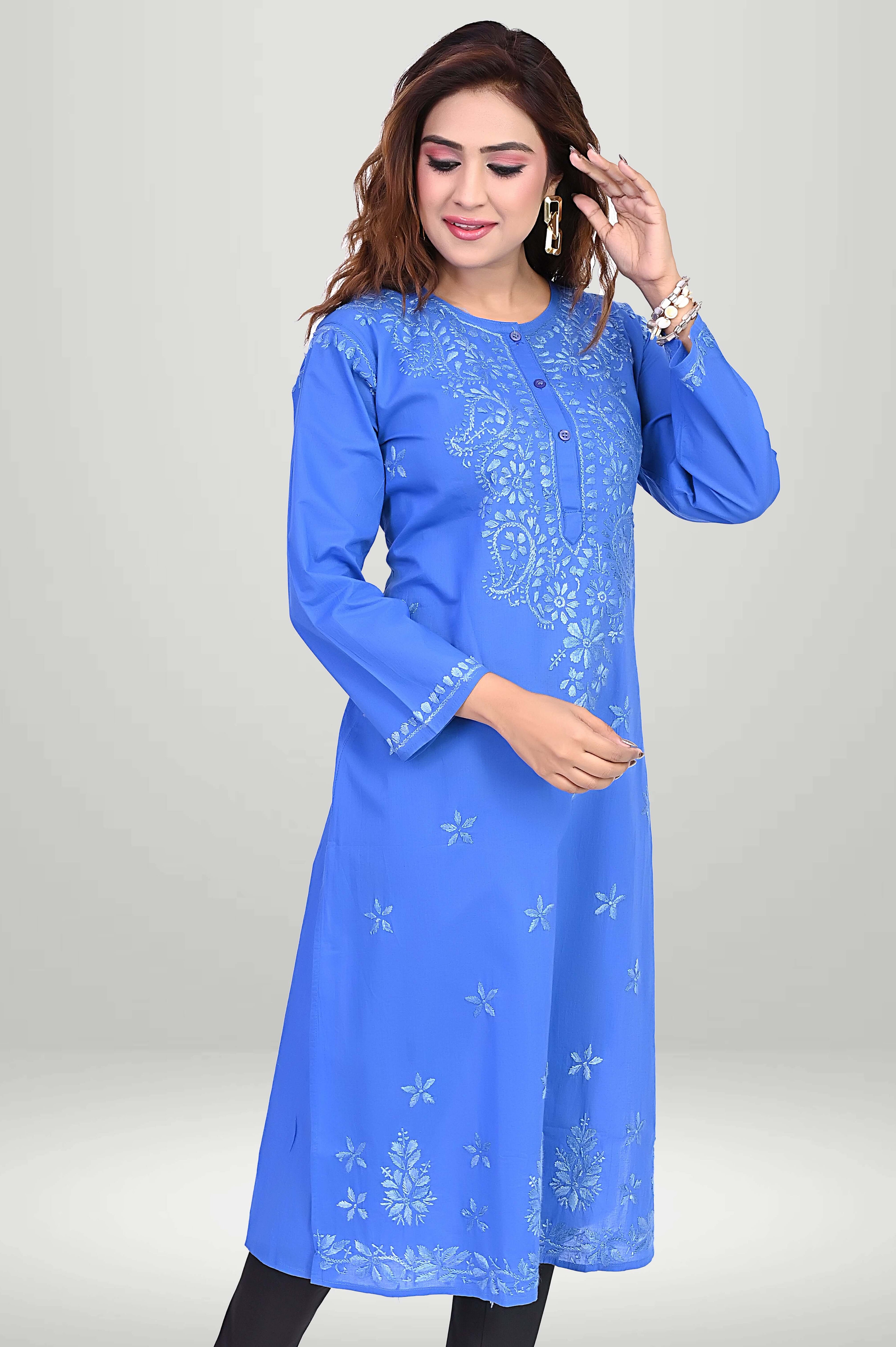 Royal Blue Chikankari Kurti - Cotton | VIRTUORE