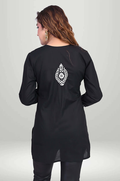 Black Chikankari Short Kurti – White Floral Motifs | virtuore