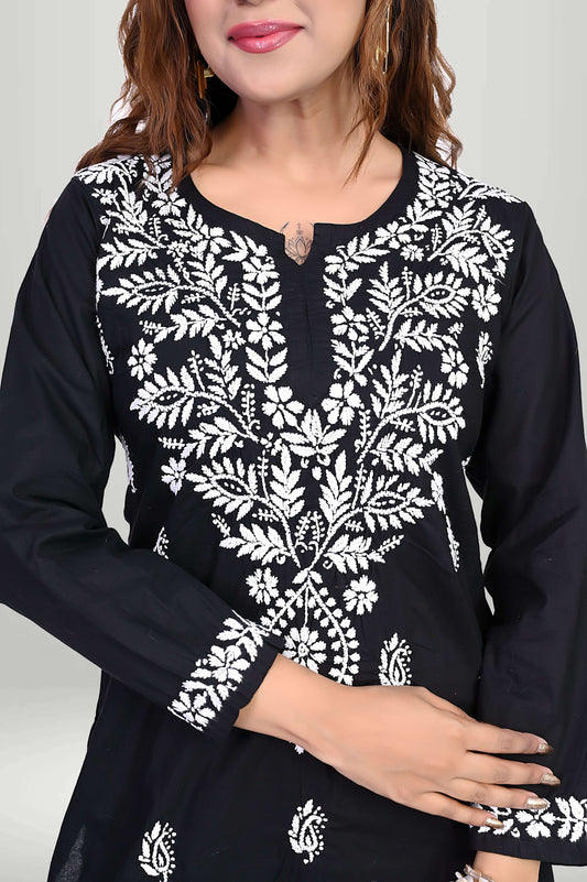 Black Chikankari Short Kurti – White Floral Motifs | virtuore