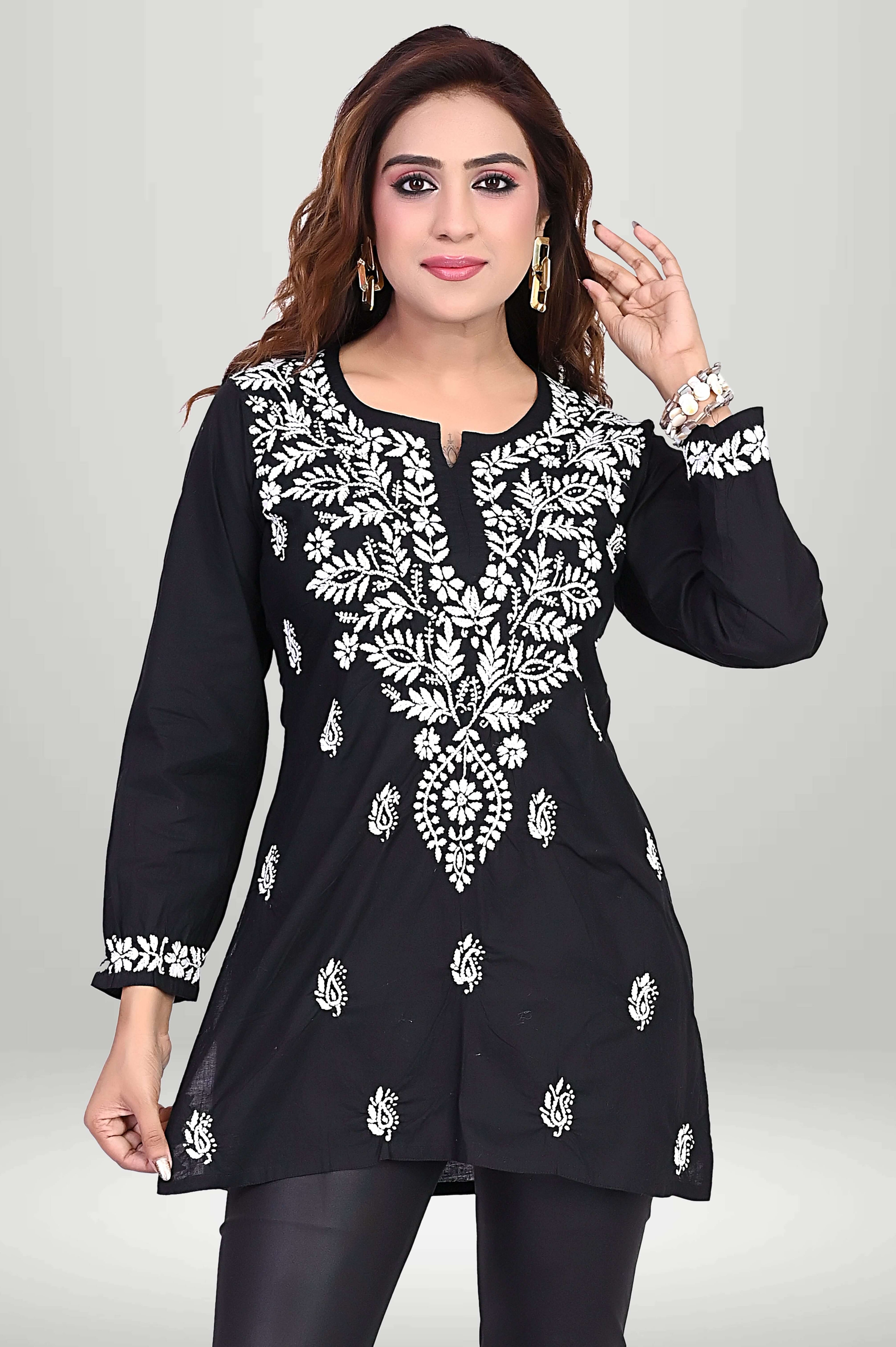 Black Chikankari Short Kurti – White Floral Motifs | virtuore