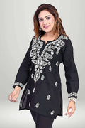 Black Chikankari Short Kurti – White Floral Motifs | virtuore