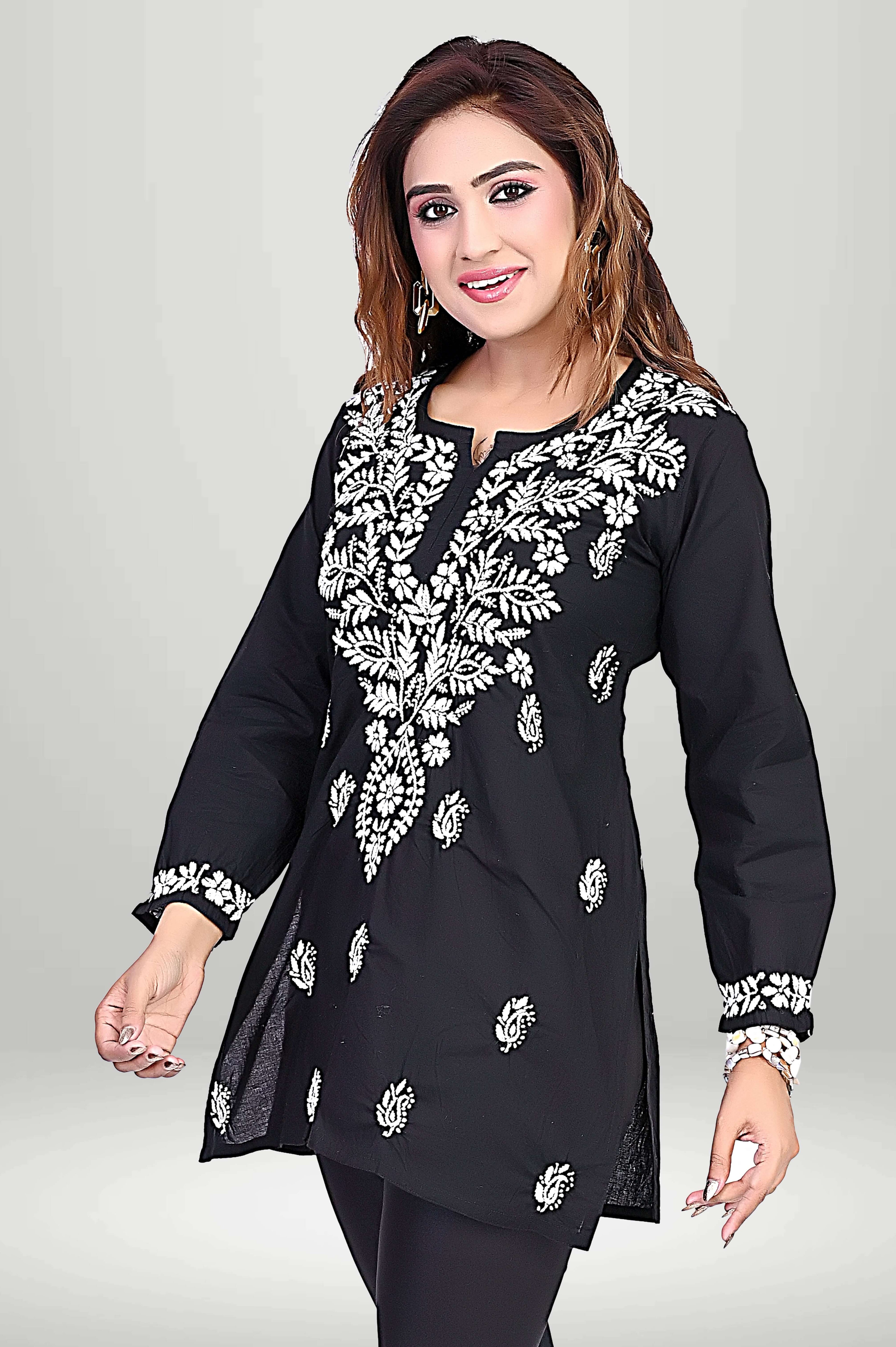 Black Chikankari Short Kurti – White Floral Motifs | virtuore