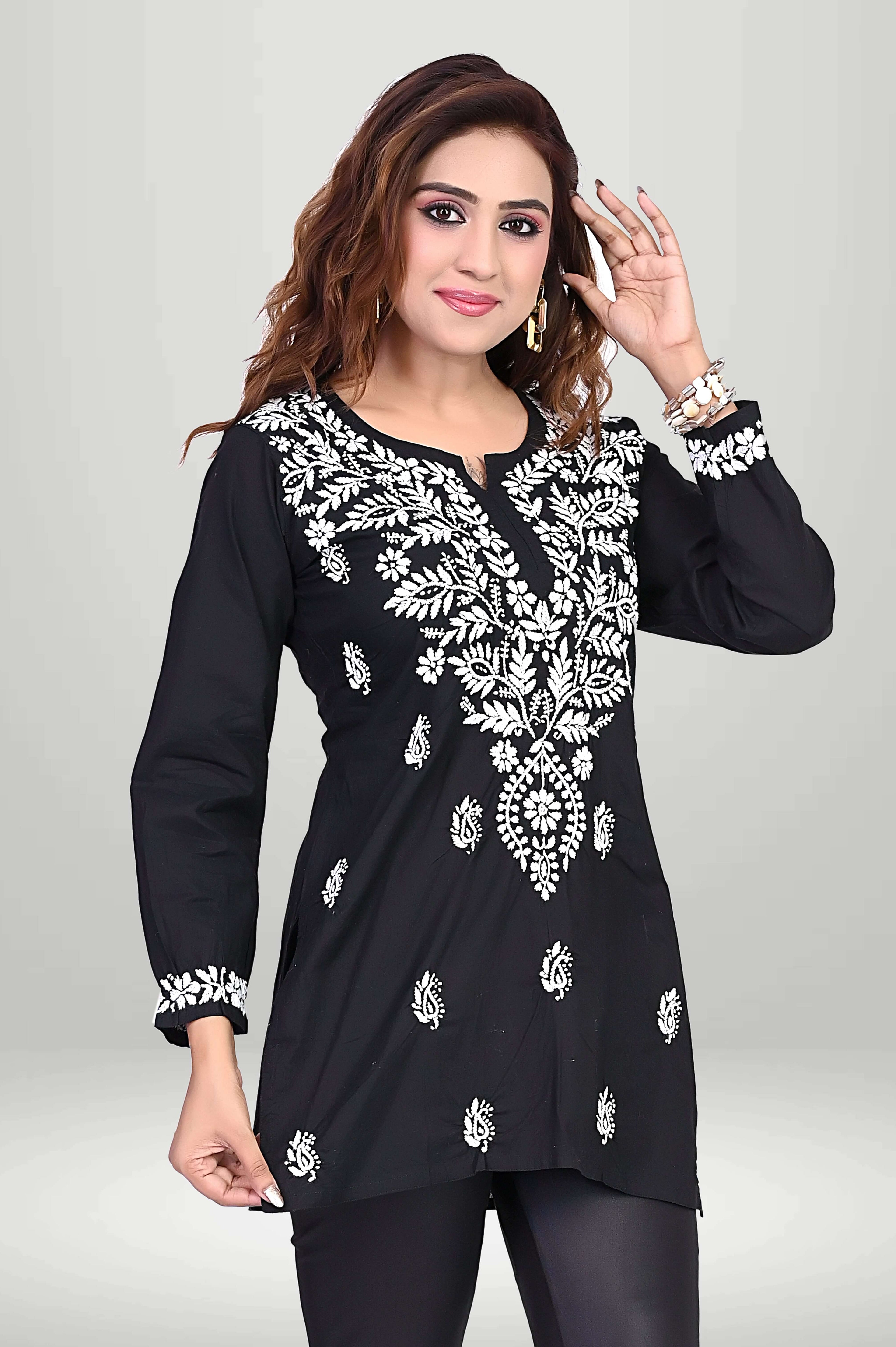 Black Chikankari Short Kurti – White Floral Motifs | virtuore